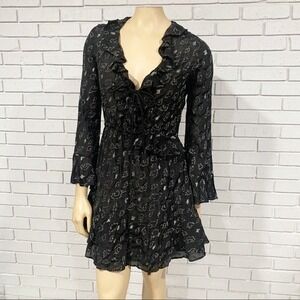 IRO Paris Black Metallic Fil Coupe Ruffle Tie Front Mini Dress Glam Night Out XS